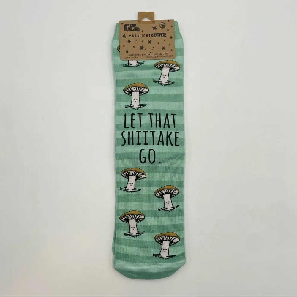 Let That Shitake Go Socks Mushroom Novelty Unisex‎ Pun Green Stripe One Size NWT